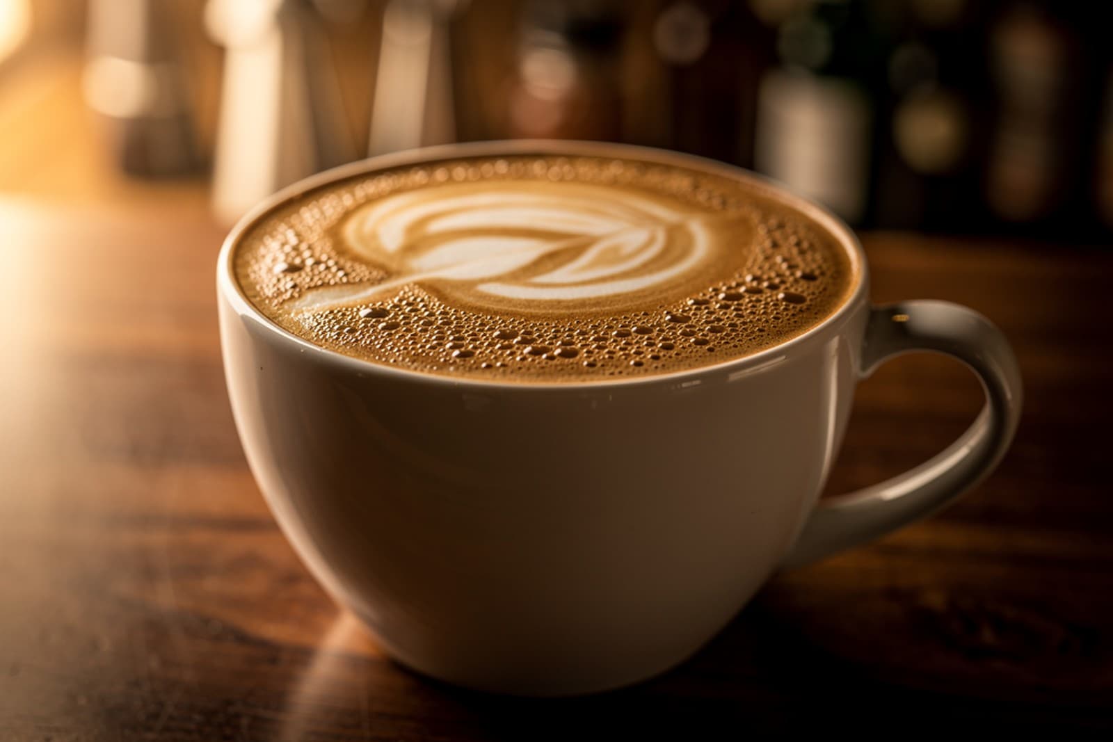 Cappuccino con latte art su tavolo in legno